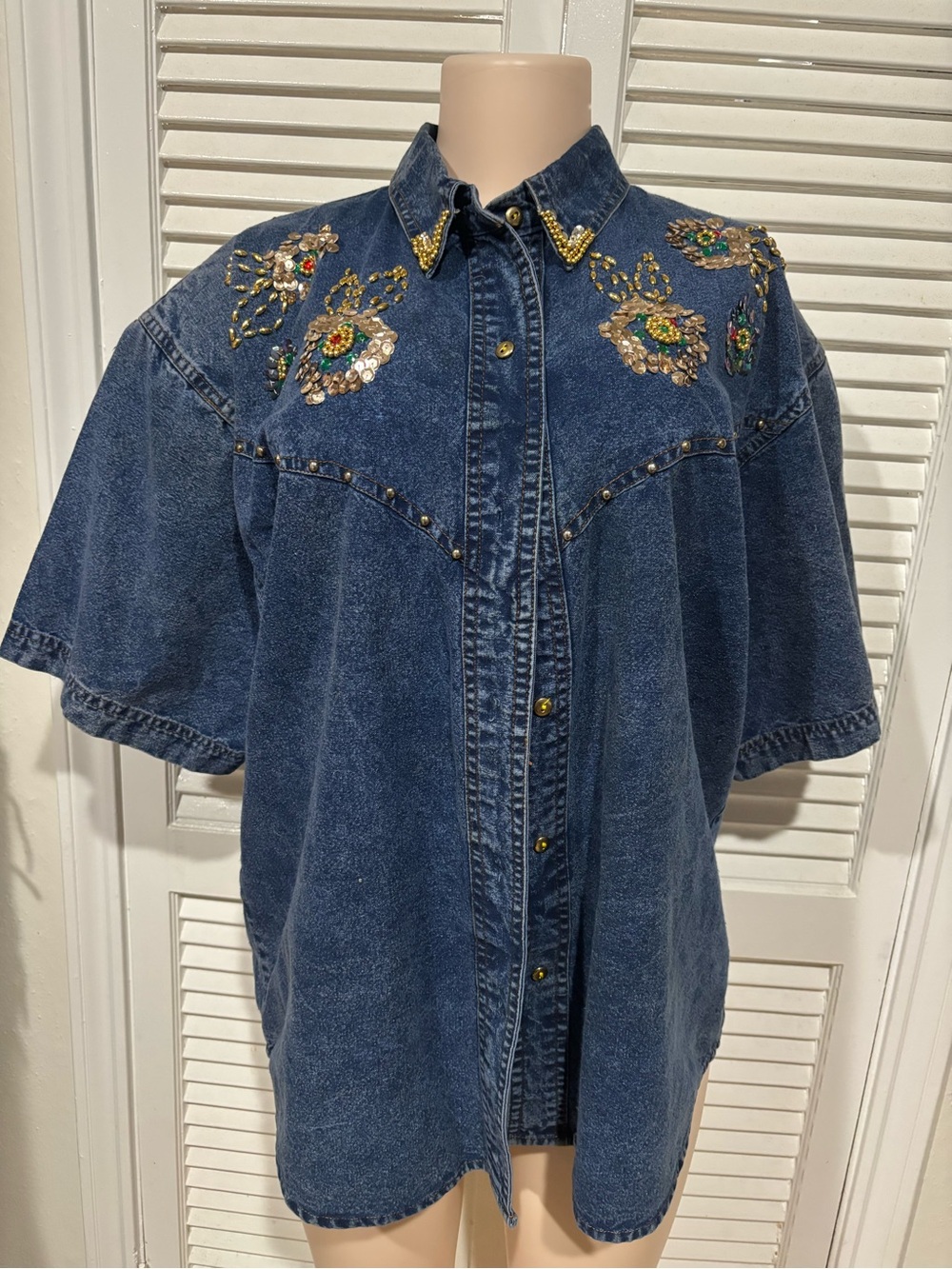 Beaded Embroidered Denim Shirt-Skirt in Blue - Picture 2 of 8